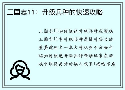 三国志11：升级兵种的快速攻略